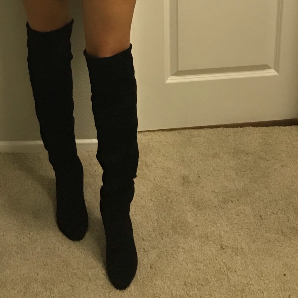 CLEARANCE Vegan Suede Black Over Knee High Heel Sexy Lined Tie Velvet boots - Picture 8 of 8
